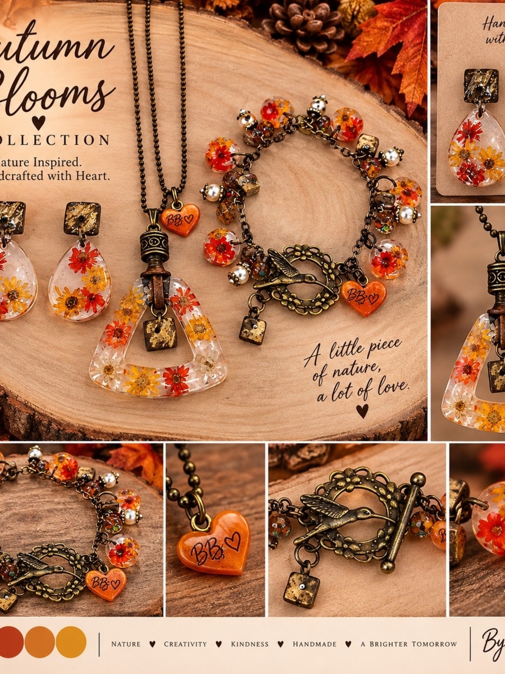 Handmade Autumn Floral Resin Jewelry Set Necklace Bracelet Earrings